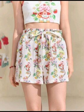 White Strawberry Print High-Waist Tie Shorts